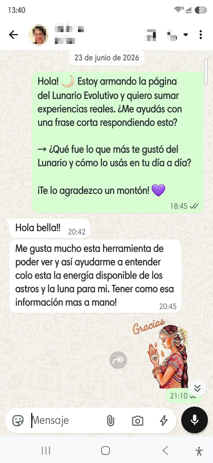 Mensaje de WhatsApp de una suscriptora del Lunario Evolutivo