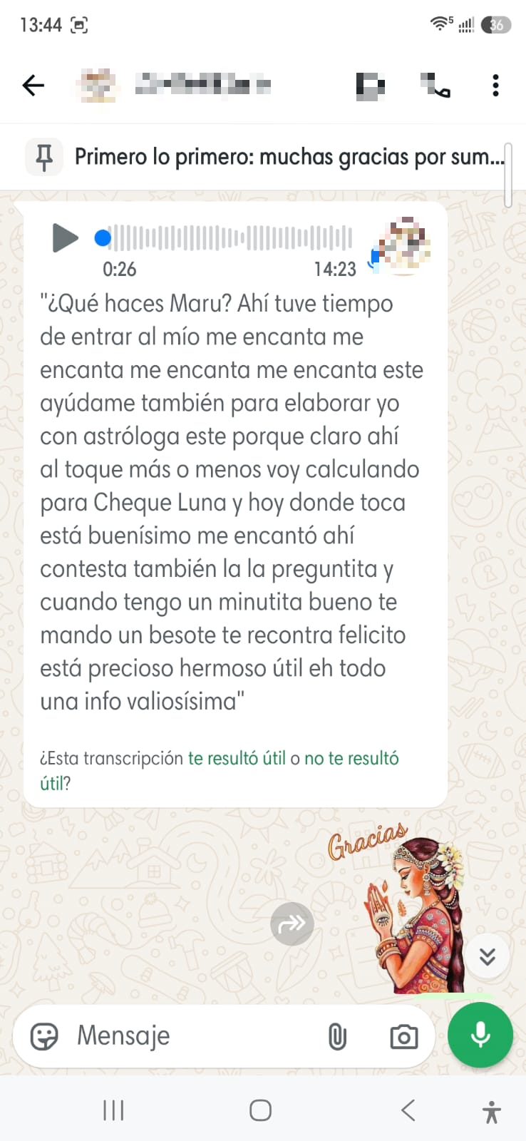 Mensaje de WhatsApp de una suscriptora del Lunario Evolutivo